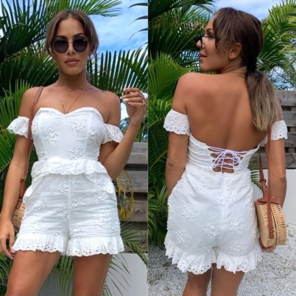 Pants - White Broderie Anglaise Lace Short Sleeve Off Shoulder Frill Hem Romper Playsuit
